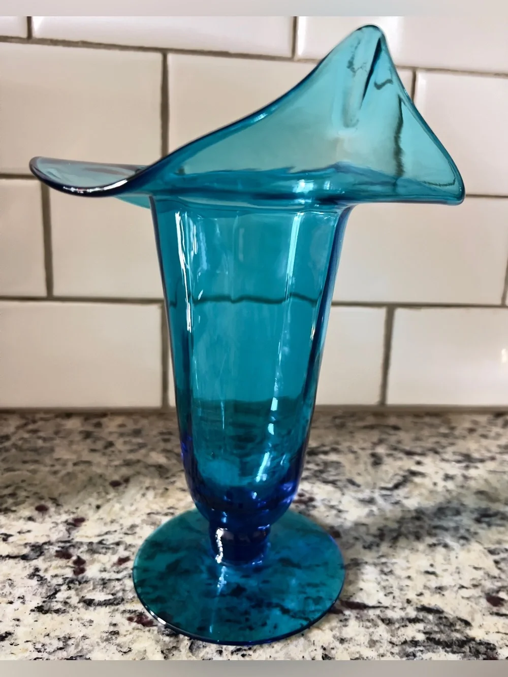 Vtg Bischoff Glass Peacock Blue Ruffled Trumpet Vase MCM